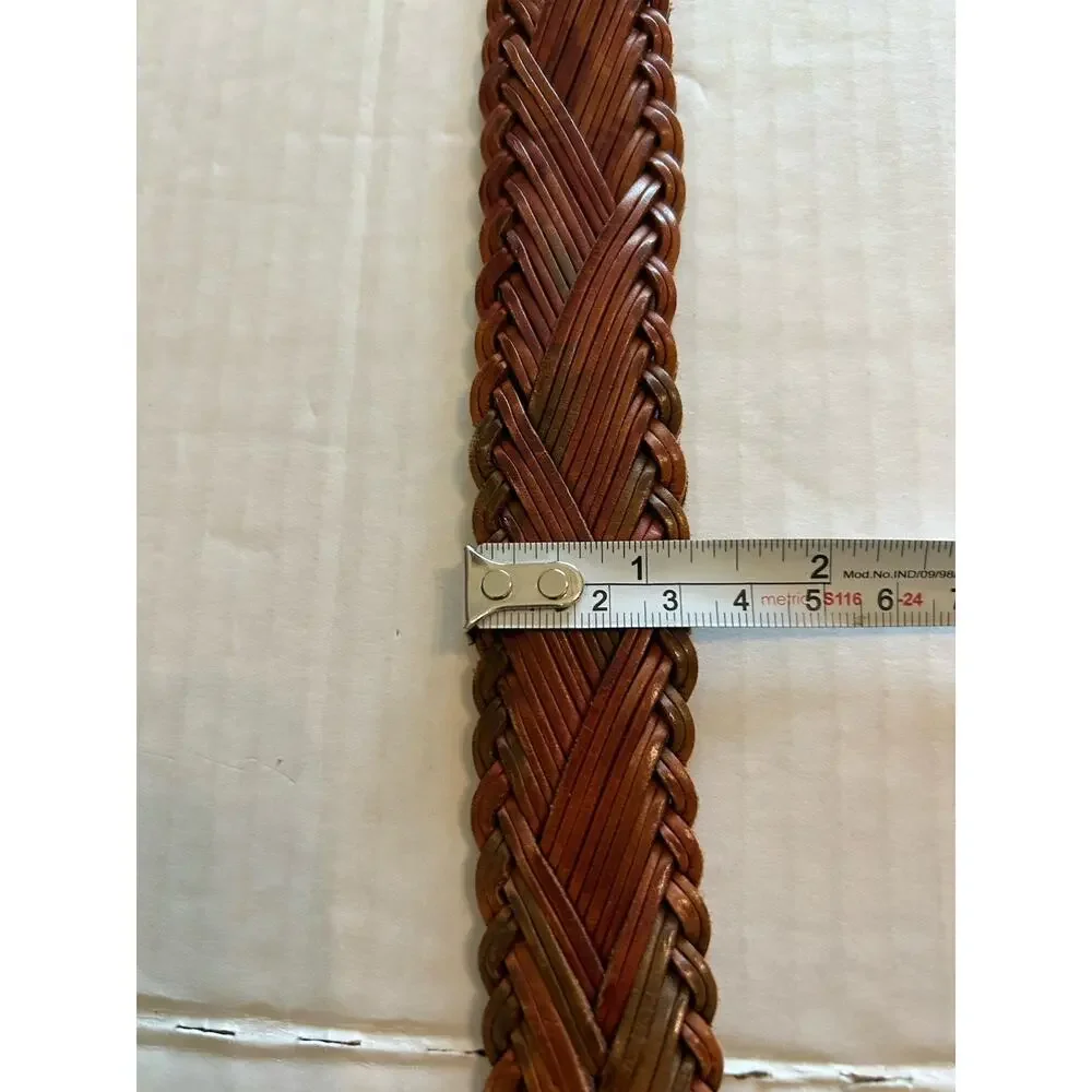 Vtg Mens Braided Belt Brown Variegated Leather Solid Brass Buckle Casual Sz 36